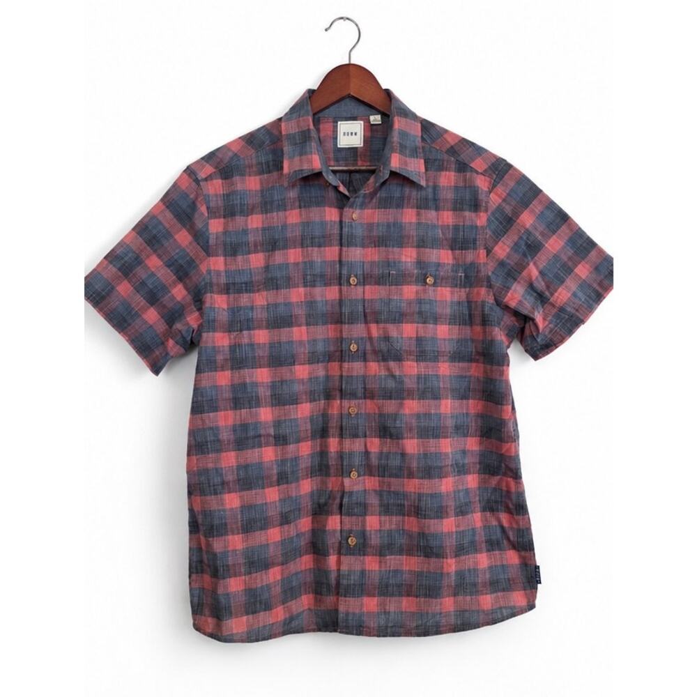 Plaid Button Down Shirt Large 100% Cotton Pink Blue Short Sleeve Casual
